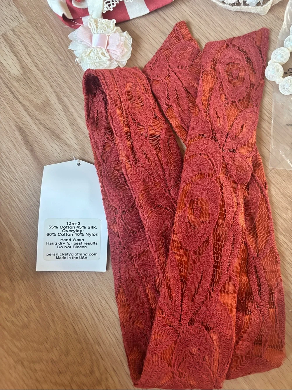 Persnickety 6 Rust and Cream Lace Hair Accessory Set necklace and leg warmers